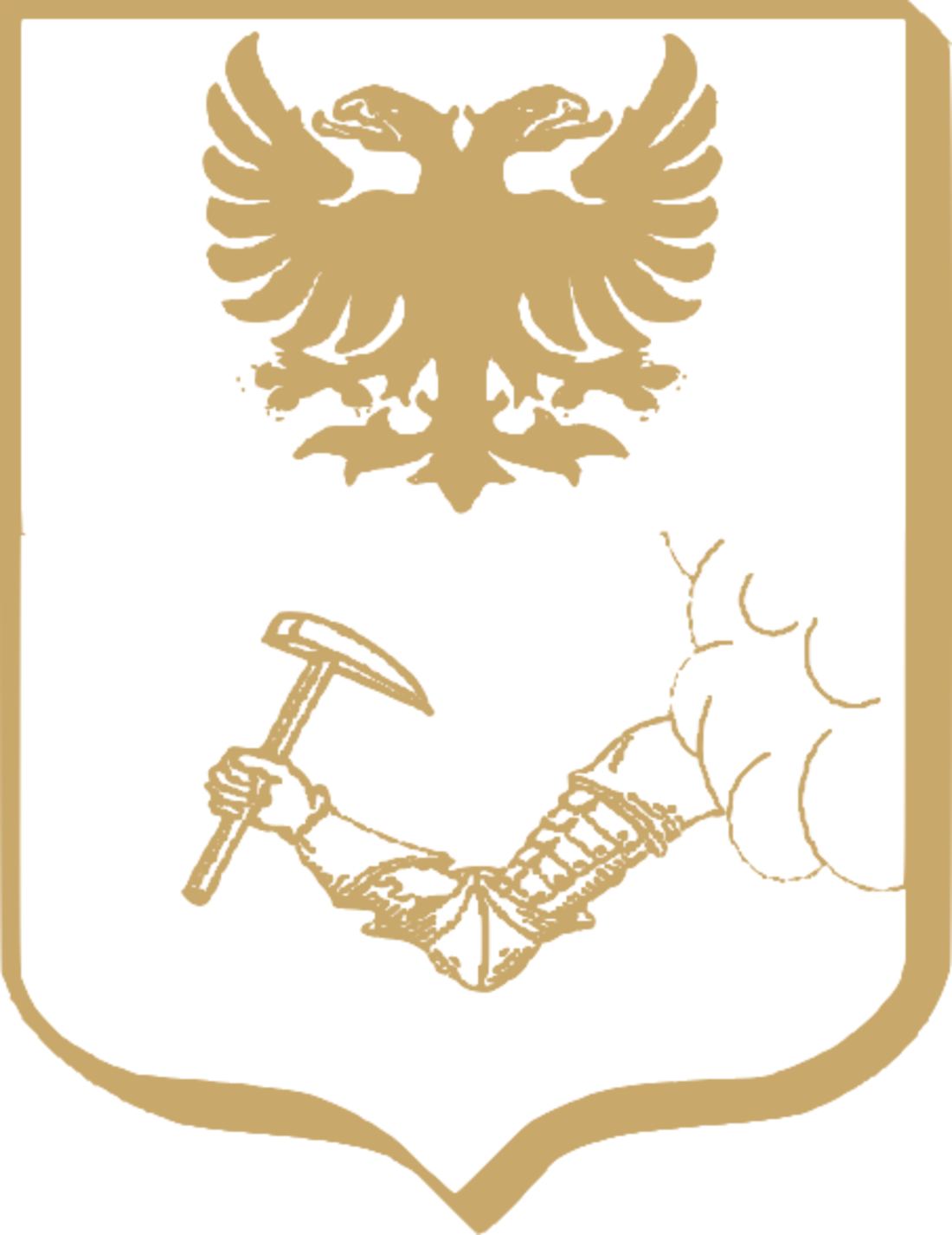 Blason de la famille de Massol de Vergy : aigle bicéphale et bras armé tenant un pic
